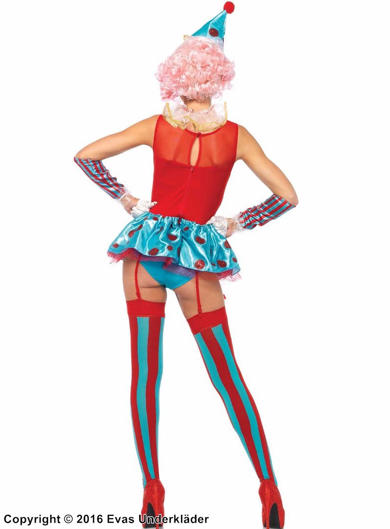 Circus clown, teddy costume, lace overlay, shimmering dots, stripes
